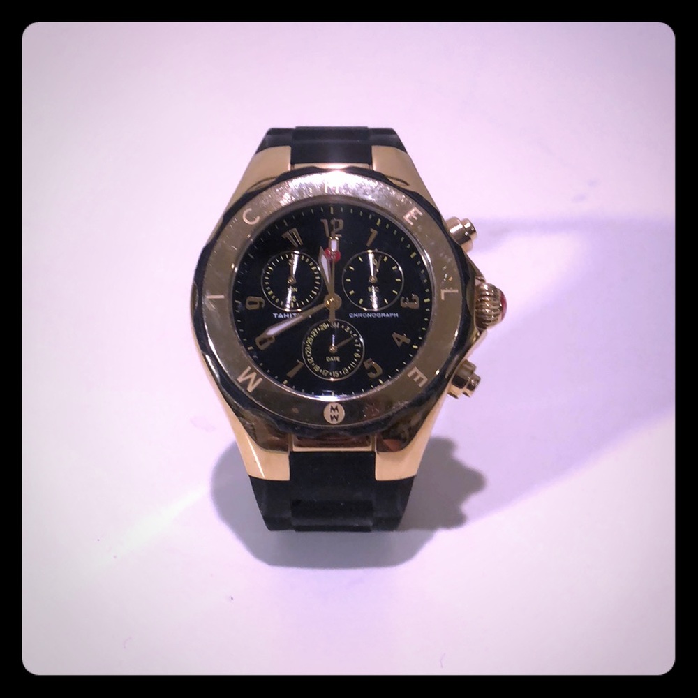 Gold Michele Watch Rubber Black Strap
